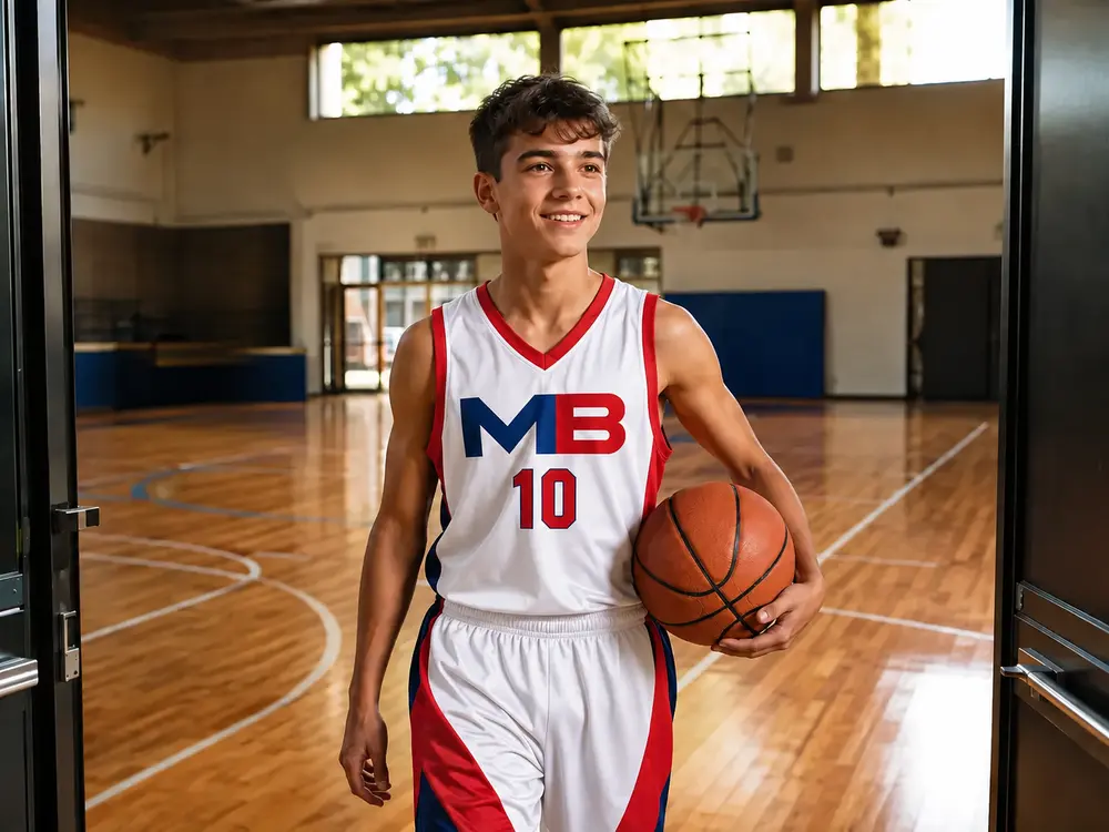 Giovane atleta con la divisa MB che entra in palestra con un pallone da basket