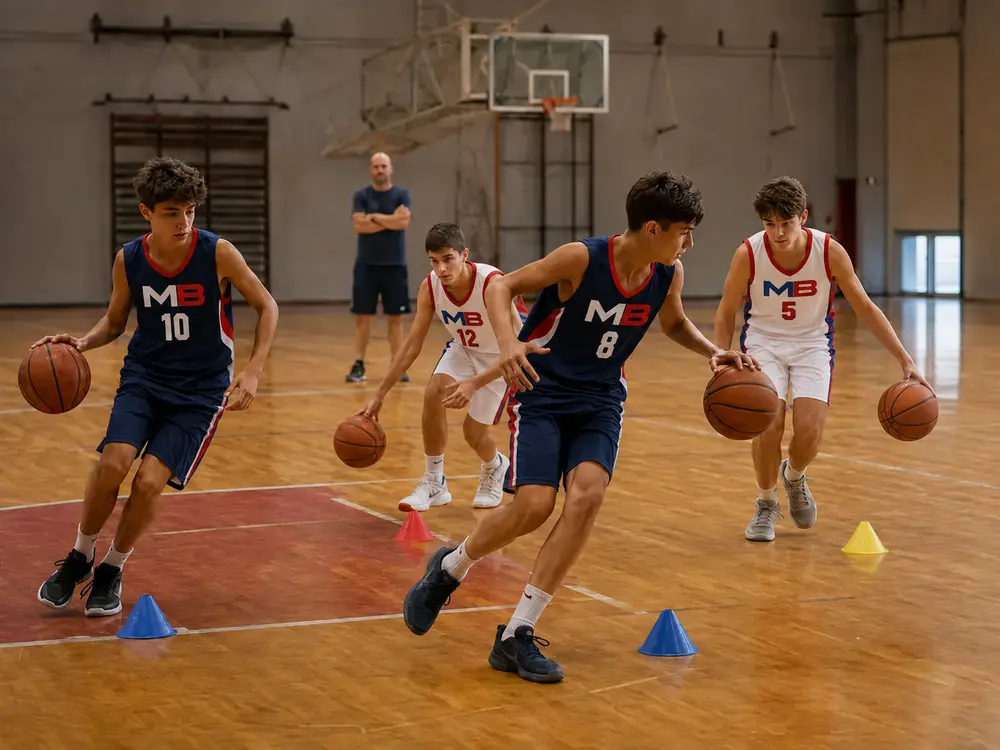 Ragazzi con le divise MB durante un allenamento di basket giovanile